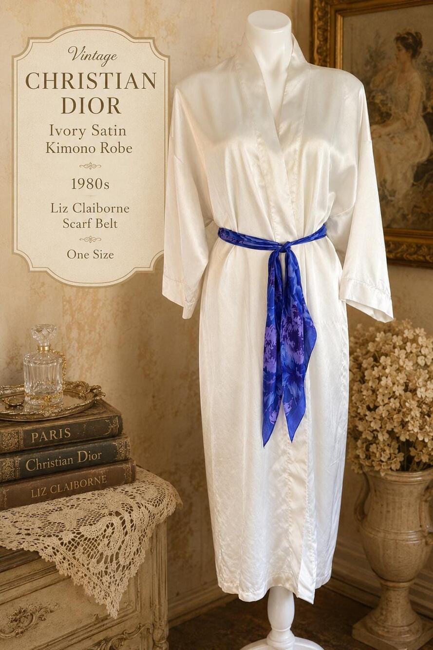Vintage Christian Dior Ivory Satin Kimono Robe 80s Liz Claiborne Scarf Belt Sz M